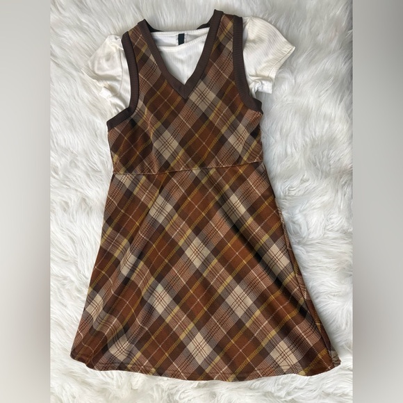 2 Hip Other - Girls Brown Plaid Pinafore Dress with Cream Top